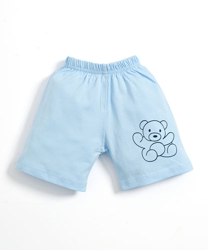 Cute Bear Half Sleeves Front Open T-Shirt & Half Pant Set | Blue