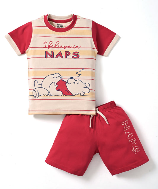 Bear Naps Half Sleeves T-Shirt & Half Pant Set | Red