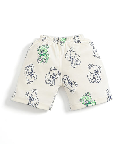 Teddy Bear Half Sleeves Shoulder Open T-Shirt & Half Pant Set | Green