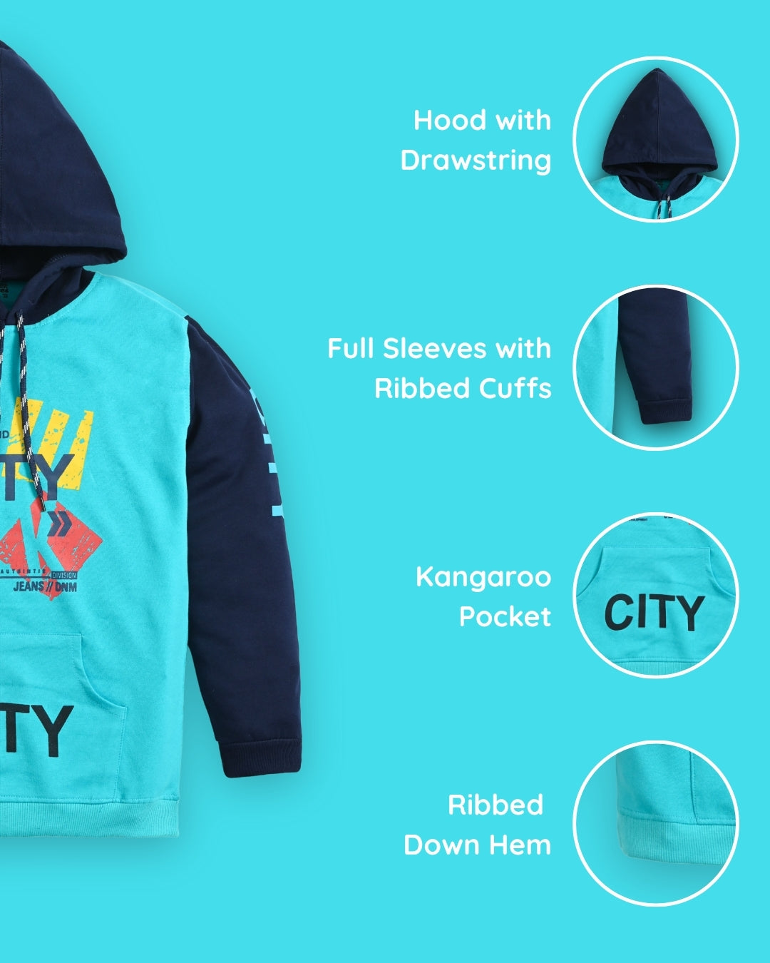 City Full Sleeves Hoodie Sweatshirt with Pocket | Blue