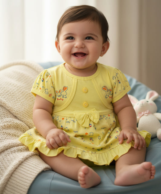 Baby Birds Half Sleeves Frock & Bloomer Pant Set | Yellow