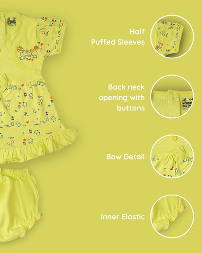 Baby Birds Half Sleeves Frock & Bloomer Pant Set | Yellow