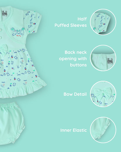 Baby Birds Half Sleeves Frock & Bloomer Pant Set | Green