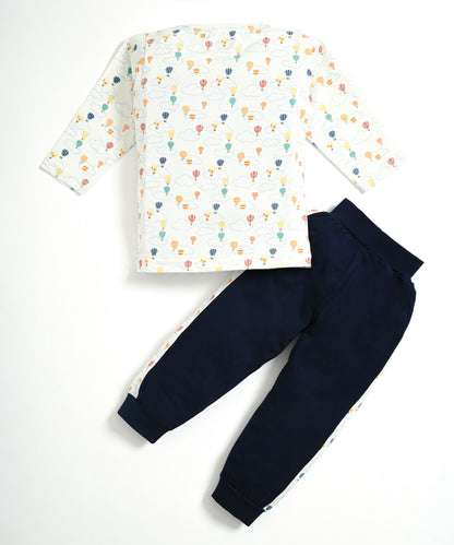 Hot Air Balloon and Moon Space Full Sleeves T-Shirt & Pyjama Set | Pack of 2