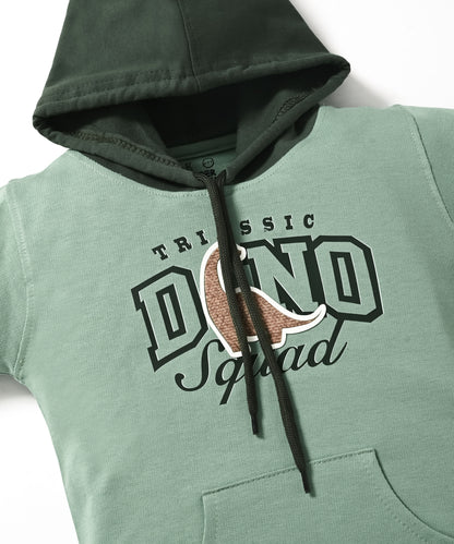 Dino Squad Full Sleeves Hooded Sweatshirt & Joggers Set | Green