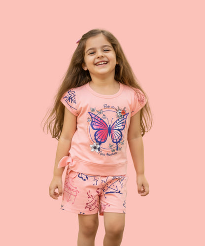 Butterfly Knot Short Sleeves Top & Hot Pant Set | Pink