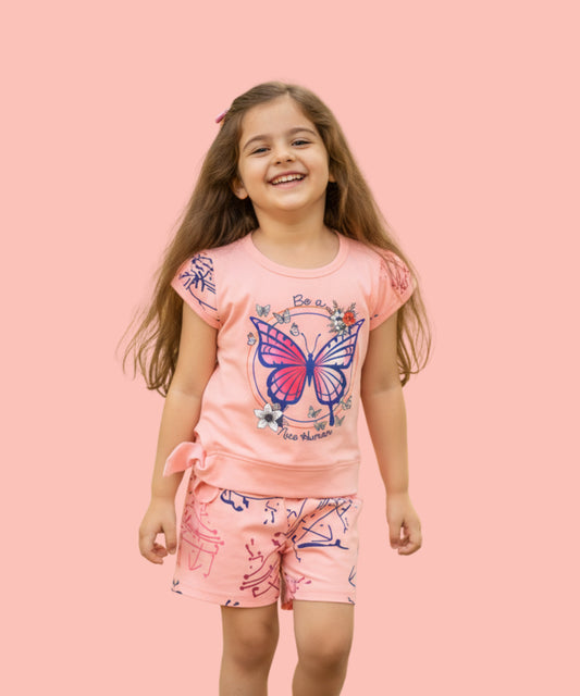 Butterfly Knot Short Sleeves Top & Hot Pant Set | Pink