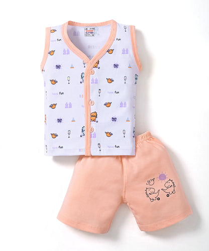 Dino Rides Half Sleeves & Sleeveless Front Open T-Shirt & Half Pant Set | Orange | Pack of 2
