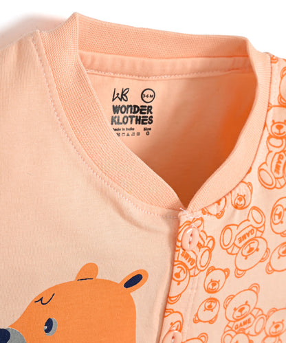 Cute Bear Half Sleeves Front Open T-Shirt & Half Pant Set | Orange