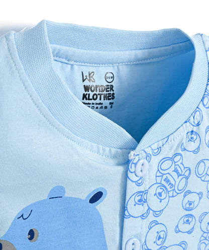 Cute Bear Half Sleeves Front Open T-Shirt & Half Pant Set | Blue