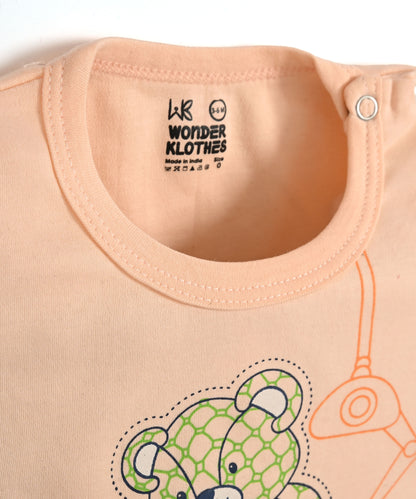 Teddy Bear Half Sleeves Shoulder Open T-Shirt & Half Pant Set | Orange