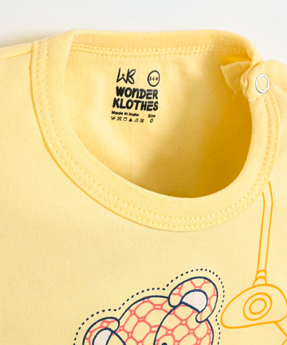 Teddy Bear Half Sleeves Shoulder Open T-Shirt & Half Pant Set | Yellow