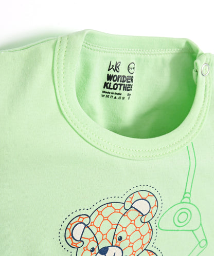 Teddy Bear Half Sleeves Shoulder Open T-Shirt & Half Pant Set | Green