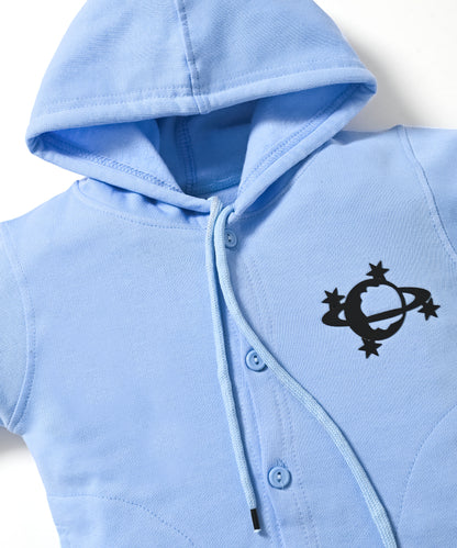 Little Astronaut Full Sleeves Fleece Front-Open Hooded Sweatshirt and Joggers Set | Blue