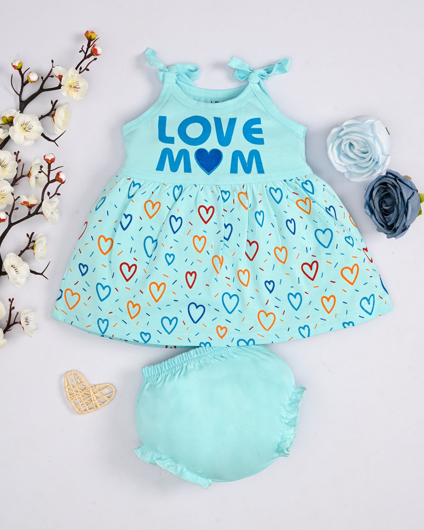 Love Mom Bandhani Straps Frock & Bloomer Pant Set | Pink & Blue | Pack of 2
