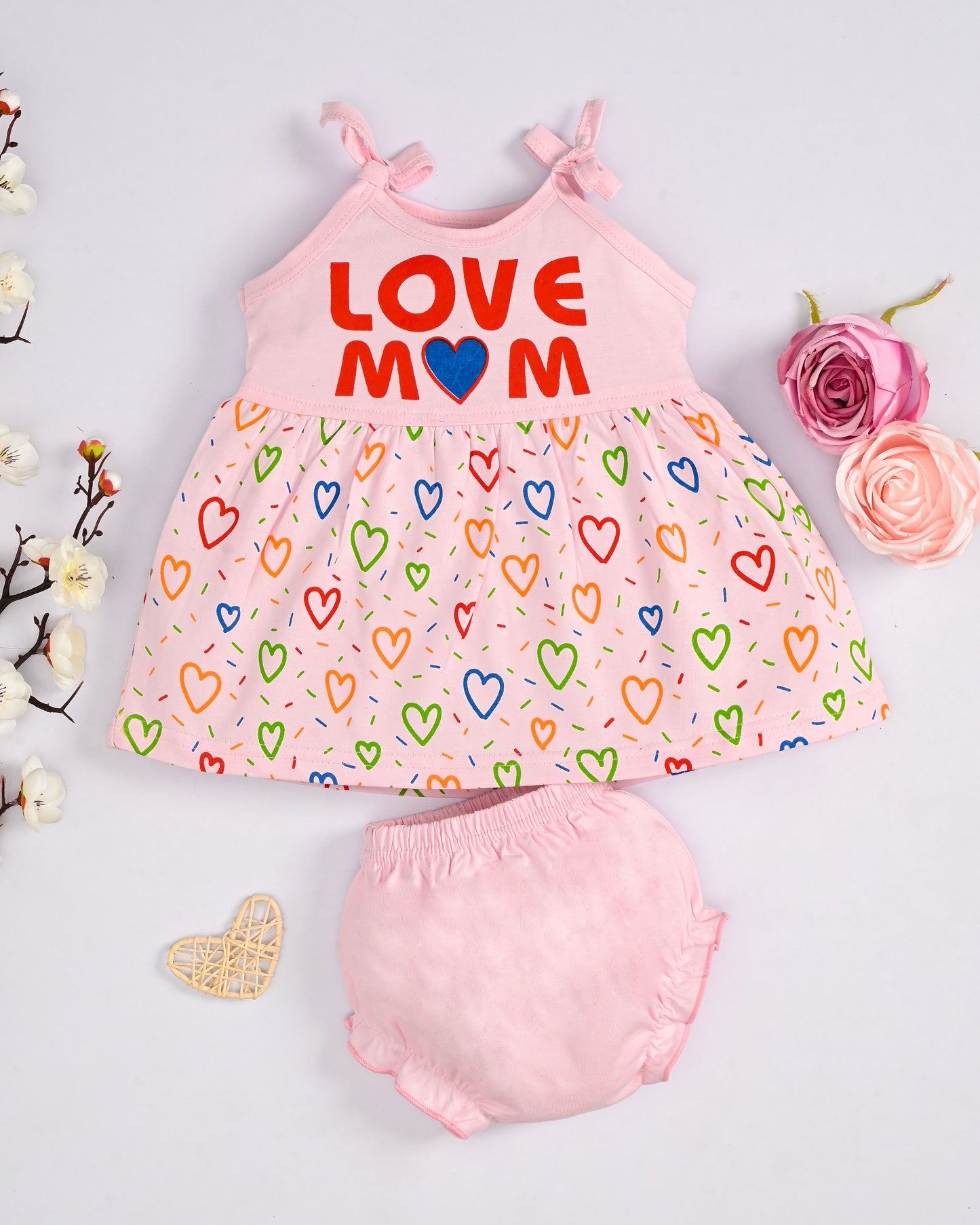 Love Mom Bandhani Straps Frock & Bloomer Pant Set | Green & Pink | Pack of 2