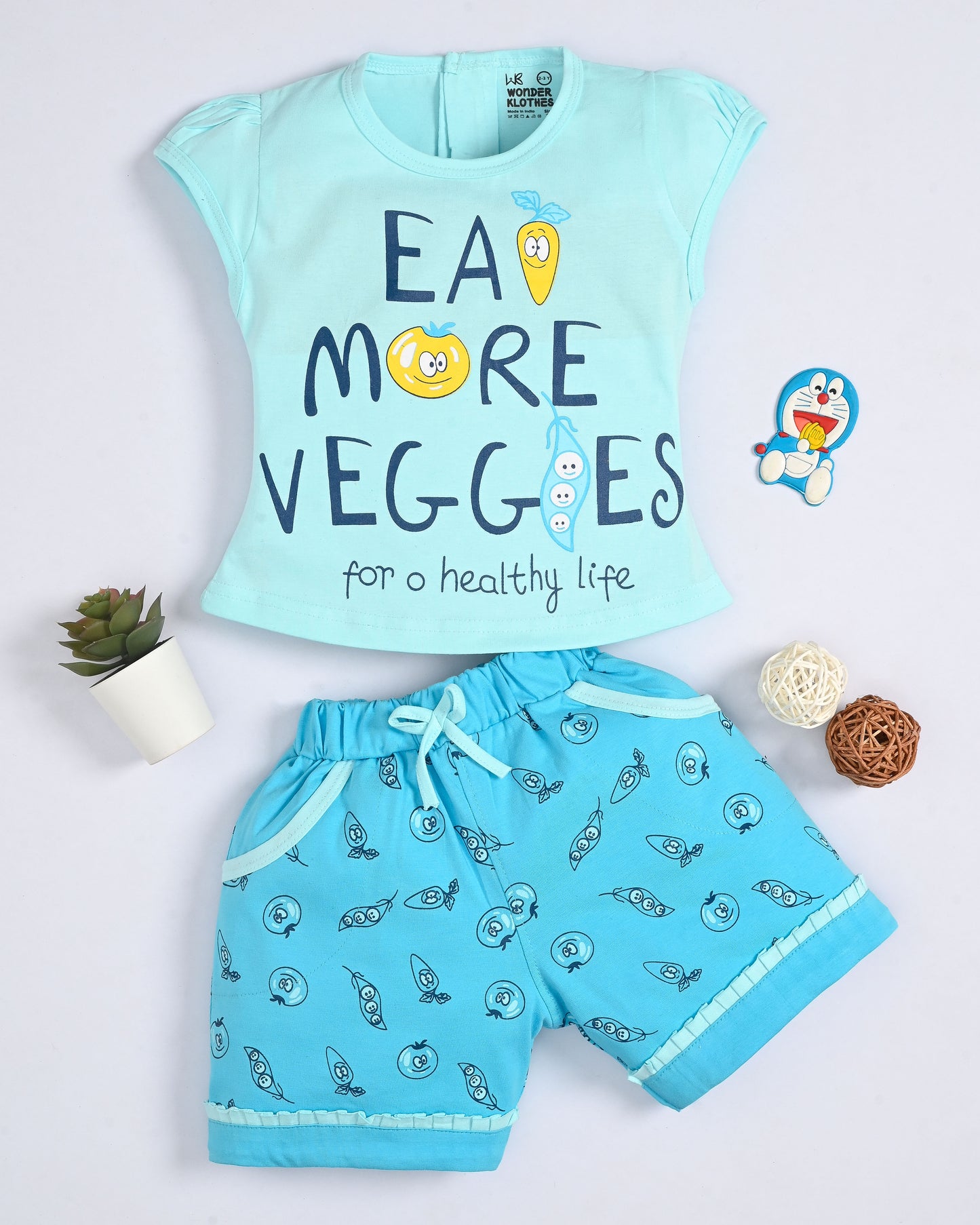 Eat More Veggies Short Sleeves Top & Hot Pant Set | Blue