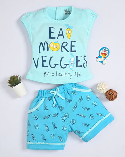 Eat More Veggies Short Sleeves Top & Hot Pant Set | Blue