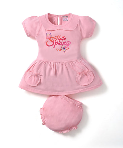 Hello Spring Half Sleeves Frock & Bloomer Pant Set | Pink