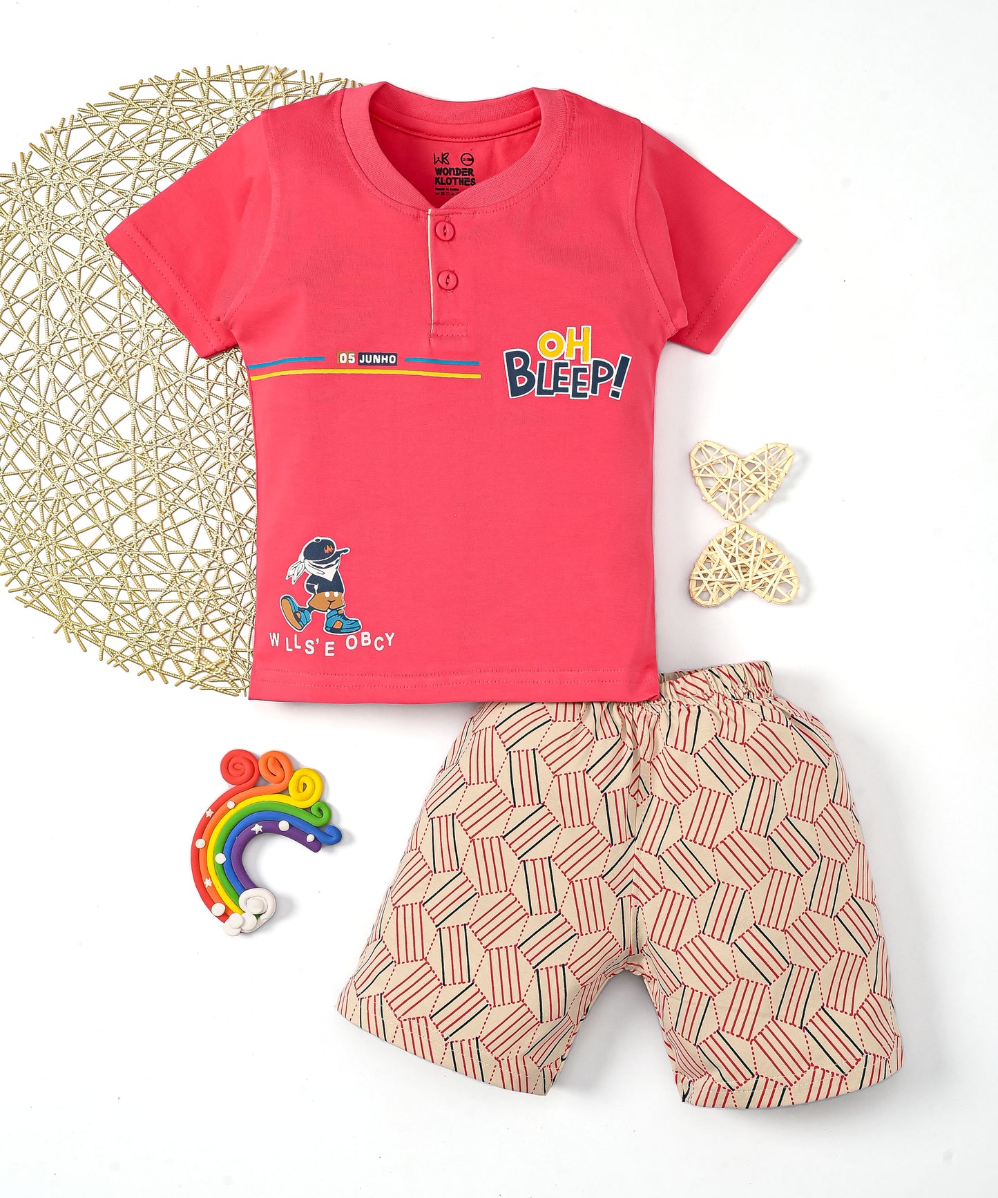 Oh Bleep Half Sleeves T-Shirt & Half Pant Set | Pink