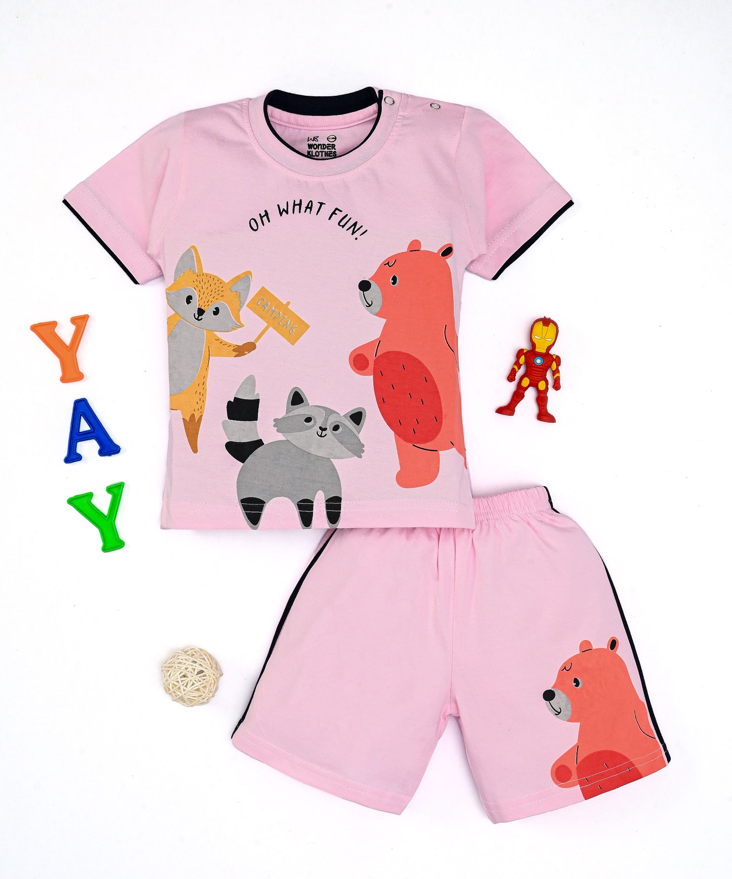 Oh What Fun Half Sleeves Shoulder Open T-Shirt & Half Pant Set | Pink
