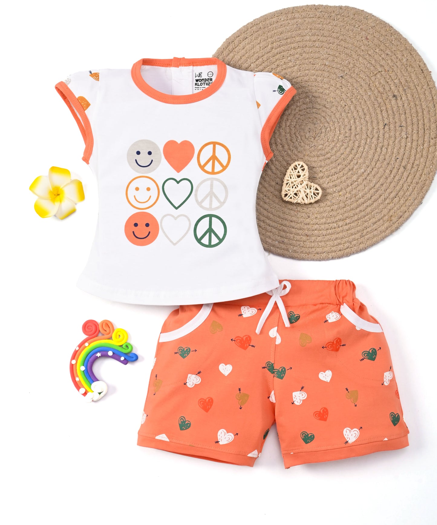 Smiley Heart Short Sleeves Top & Hot Pant Set | Orange