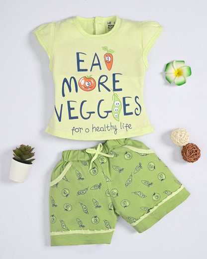 Eat More Veggies Short Sleeves Top & Hot Pant Set | Green