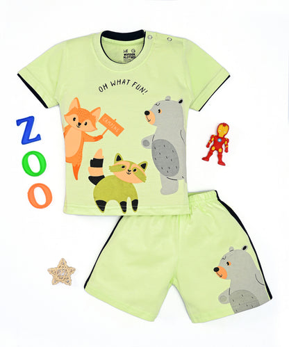 Oh What Fun Half Sleeves Shoulder Open T-Shirt & Half Pant Set | Green