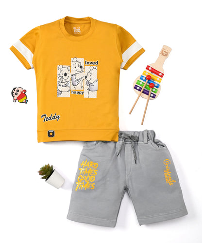 Happy Teddy Premium Half Sleeves T-Shirt & RFD Shorts Set | Yellow
