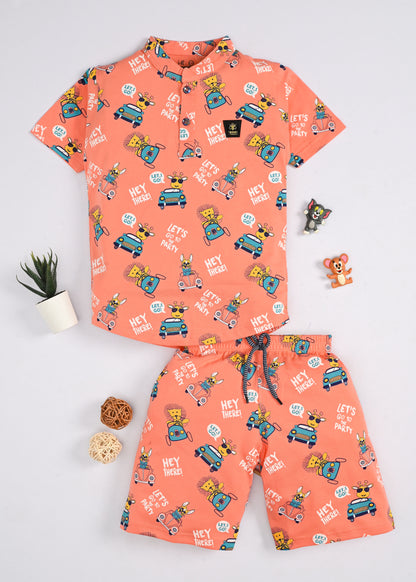 Animal Safari Half Sleeves T-Shirt & Shorts Set | Orange