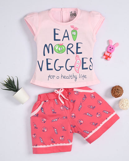 Eat More Veggies Short Sleeves Top & Hot Pant Set | Pink