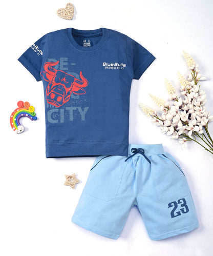 Bulls City Half Sleeves T-Shirt & Shorts Set | Blue