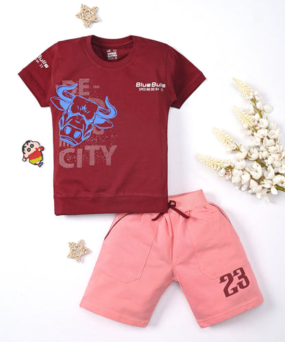 Bulls City Half Sleeves T-Shirt & Shorts Set | Maroon
