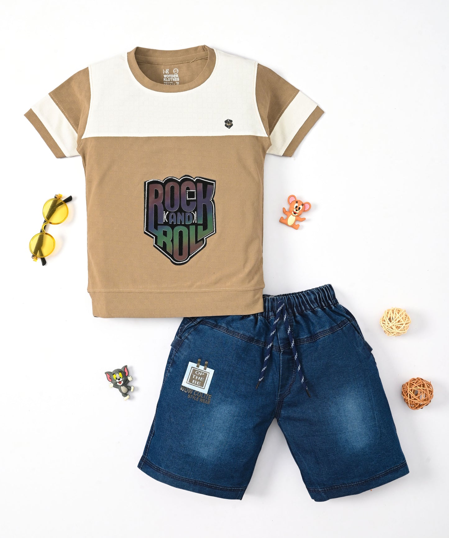 Rock and Roll Premium Half Sleeves T-Shirt & Denim Shorts Set | Brown