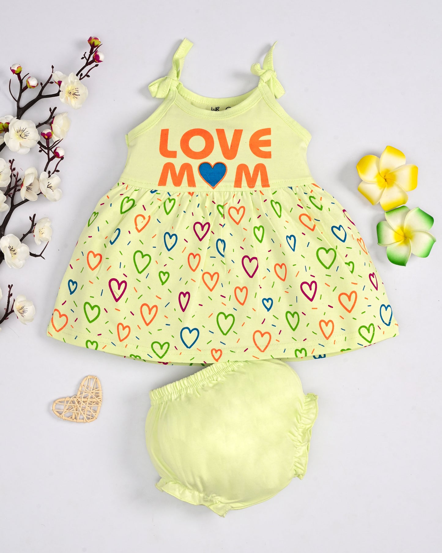 Love Mom Bandhani Straps Frock & Bloomer Pant Set | Green & Pink | Pack of 2