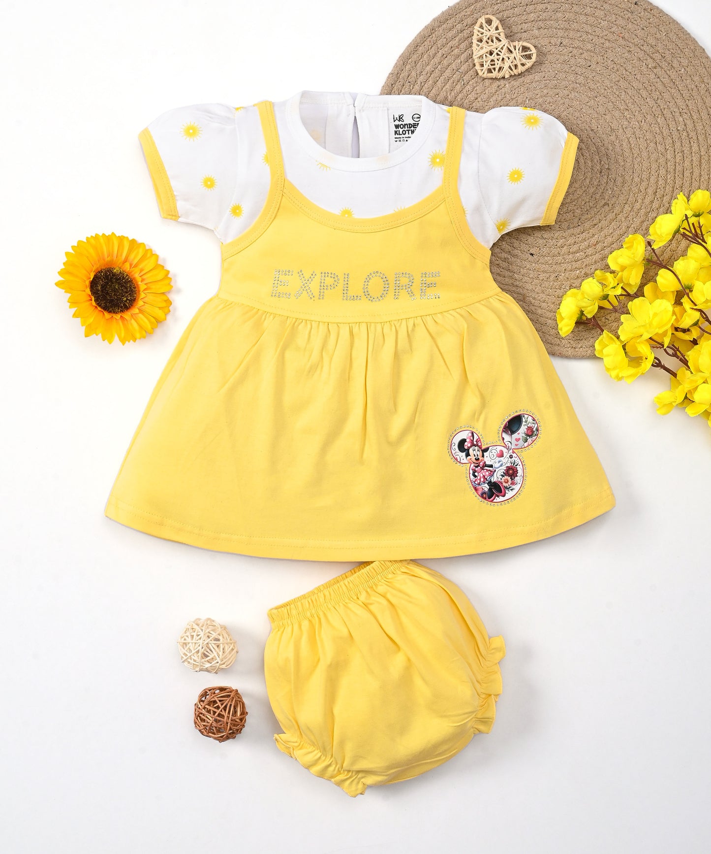 Explore Minnie Half Sleeves Frock & Bloomer Pant Set | Yellow