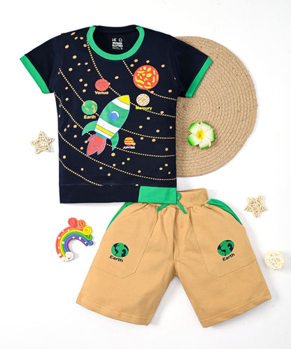 Space Explorer Half Sleeves T-Shirt & Shorts Set | Green