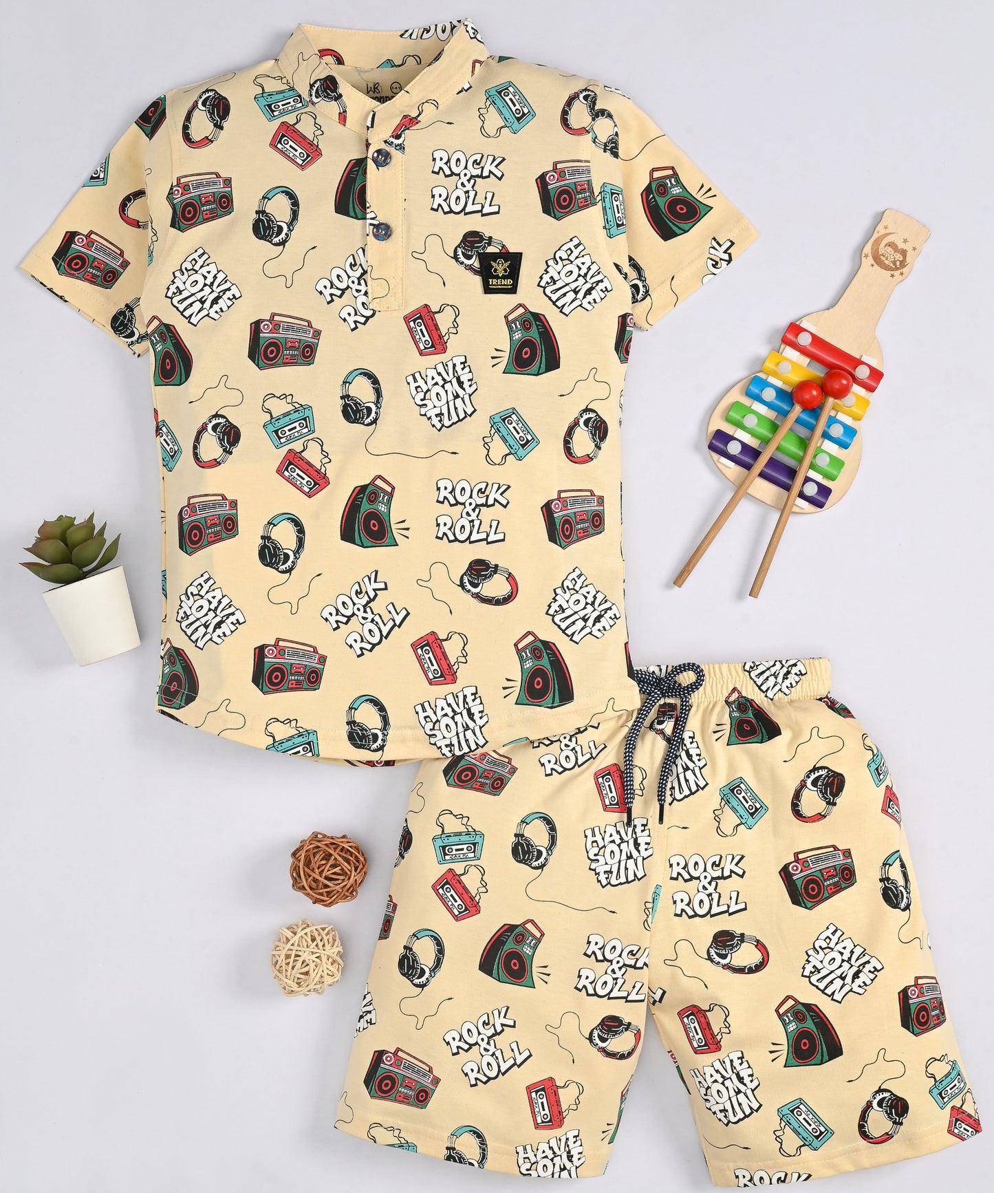 Music Gadgets Half Sleeves T-Shirt & Shorts Set | Beige