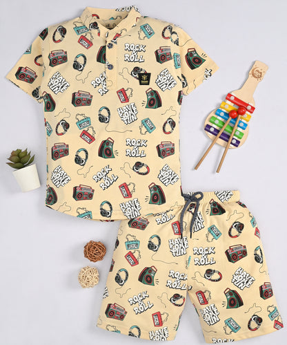 Music Gadgets Half Sleeves T-Shirt & Shorts Set | Beige
