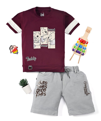 Happy Teddy Premium Half Sleeves T-Shirt & RFD Shorts Set | Burgundy