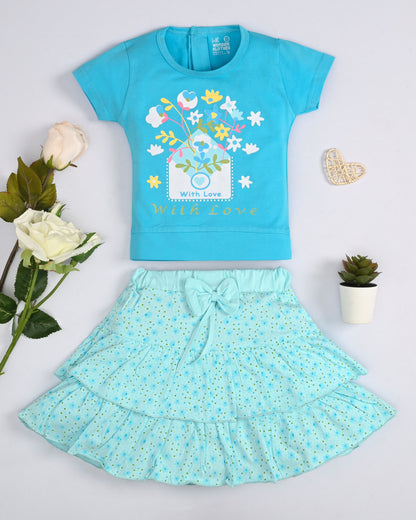 With Love Half Sleeves Top & Skirt Set | Blue
