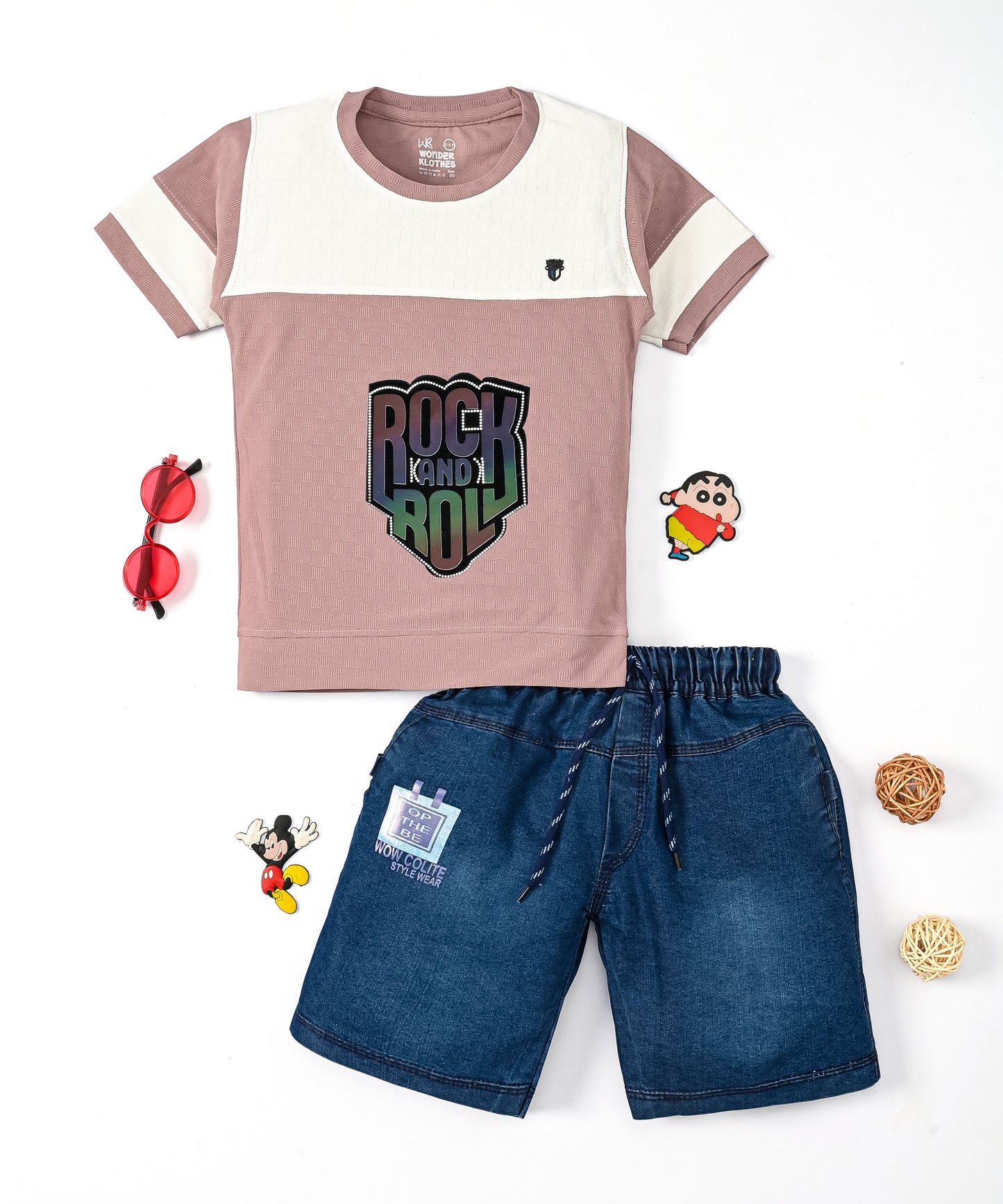 Rock and Roll Premium Half Sleeves T-Shirt & Denim Shorts Set | Violet