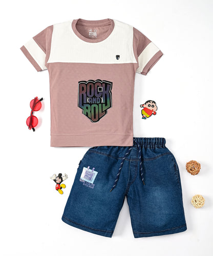 Rock and Roll Premium Half Sleeves T-Shirt & Denim Shorts Set | Violet