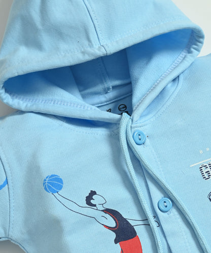 Basketball Full Sleeves Front Open Hooded Sweatshirt & Joggers Set | Blue