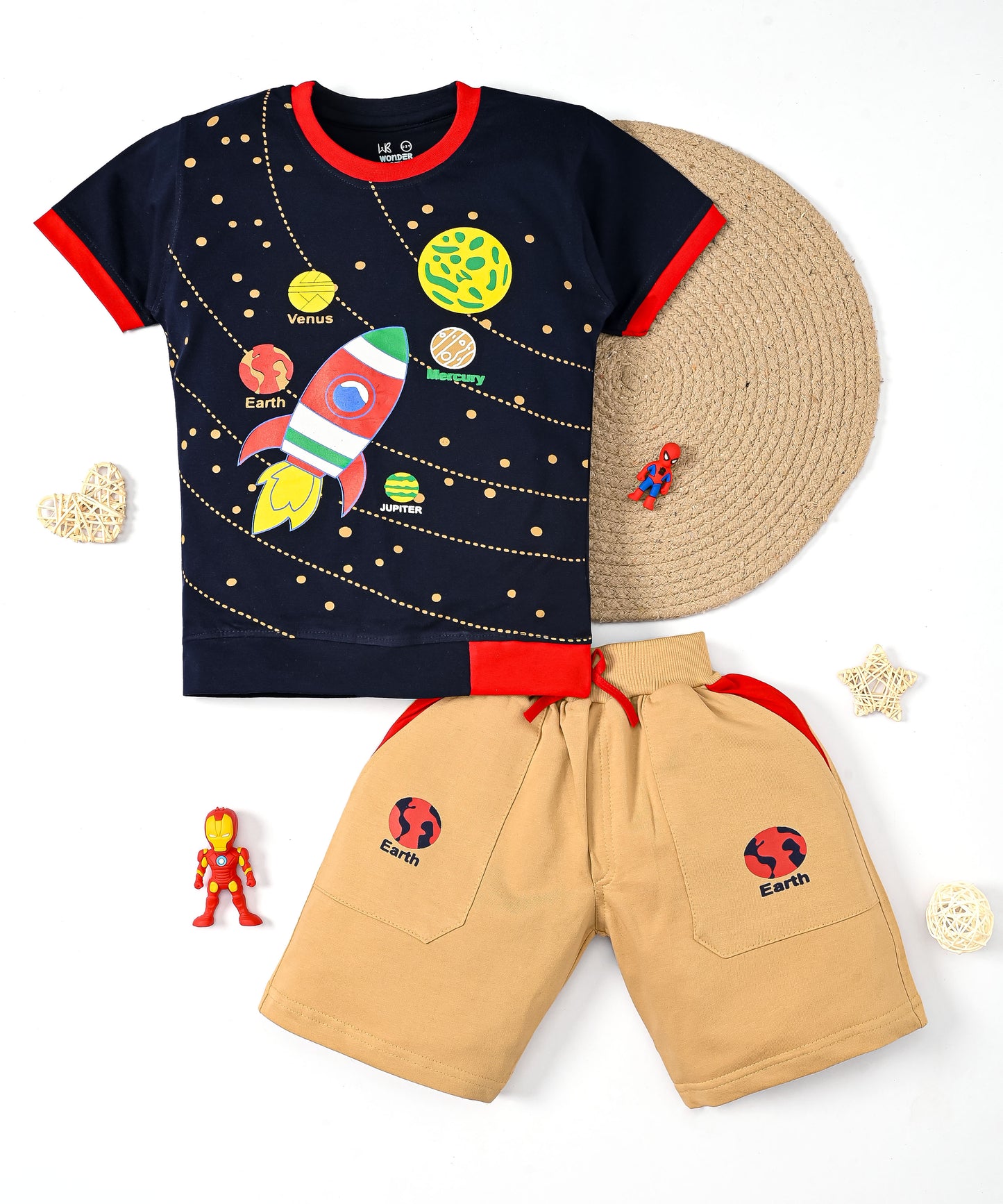 Space Explorer Half Sleeves T-Shirt & Shorts Set | Red