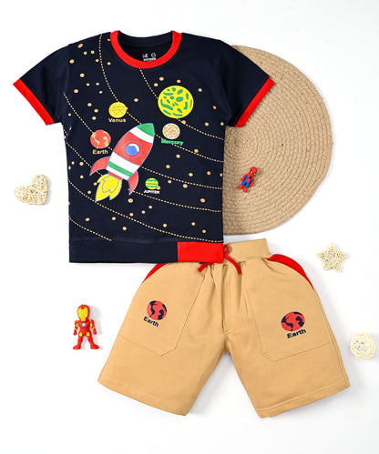 Space Explorer Half Sleeves T-Shirt & Shorts Set | Red