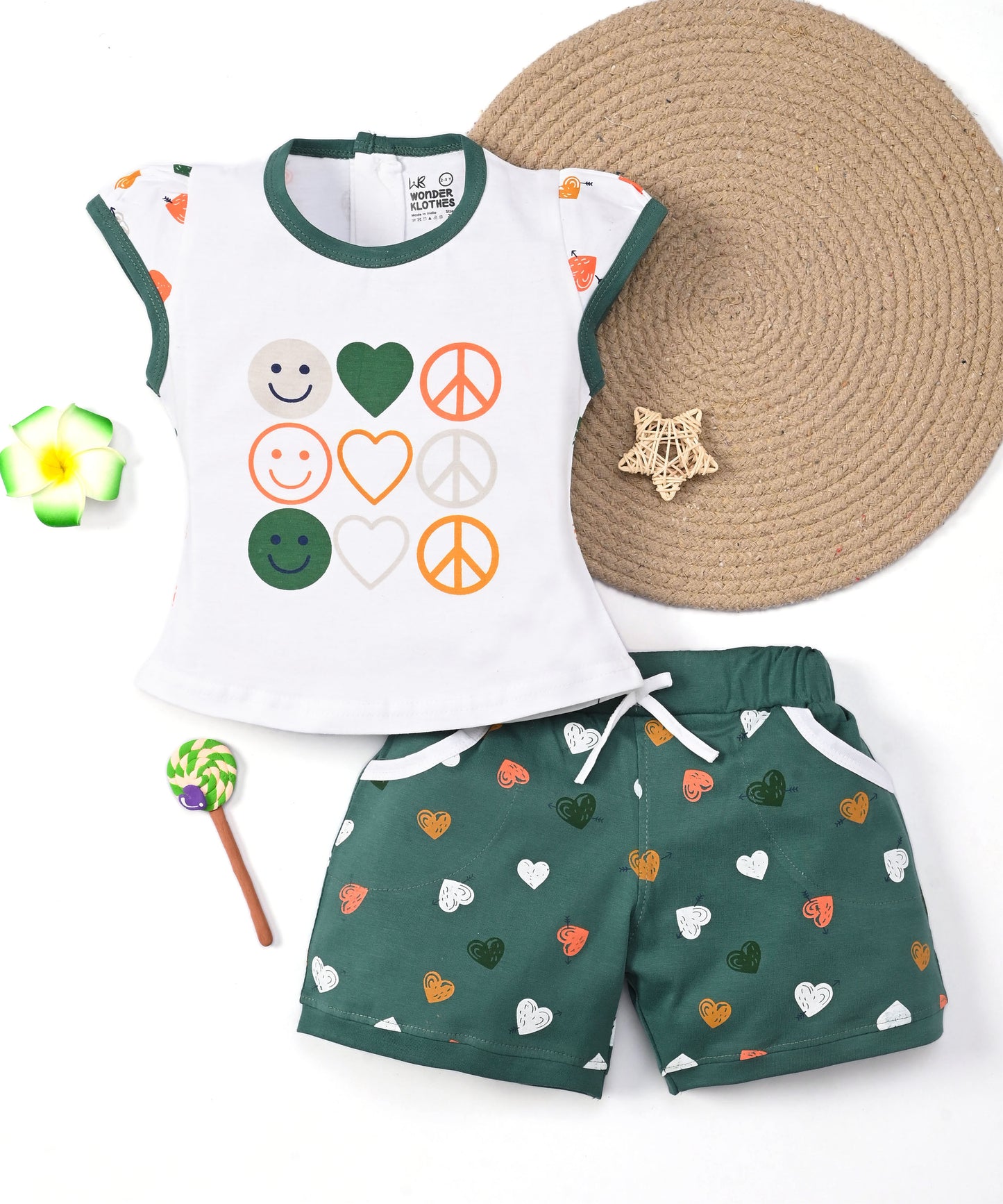 Smiley Heart Short Sleeves Top & Hot Pant Set | Green