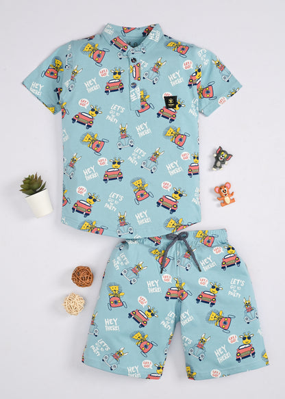 Animal Safari Half Sleeves T-Shirt & Shorts Set | Blue