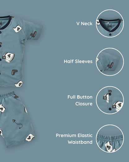 Love Mugs Half Sleeves Front Open T-Shirt & Half Pant Set