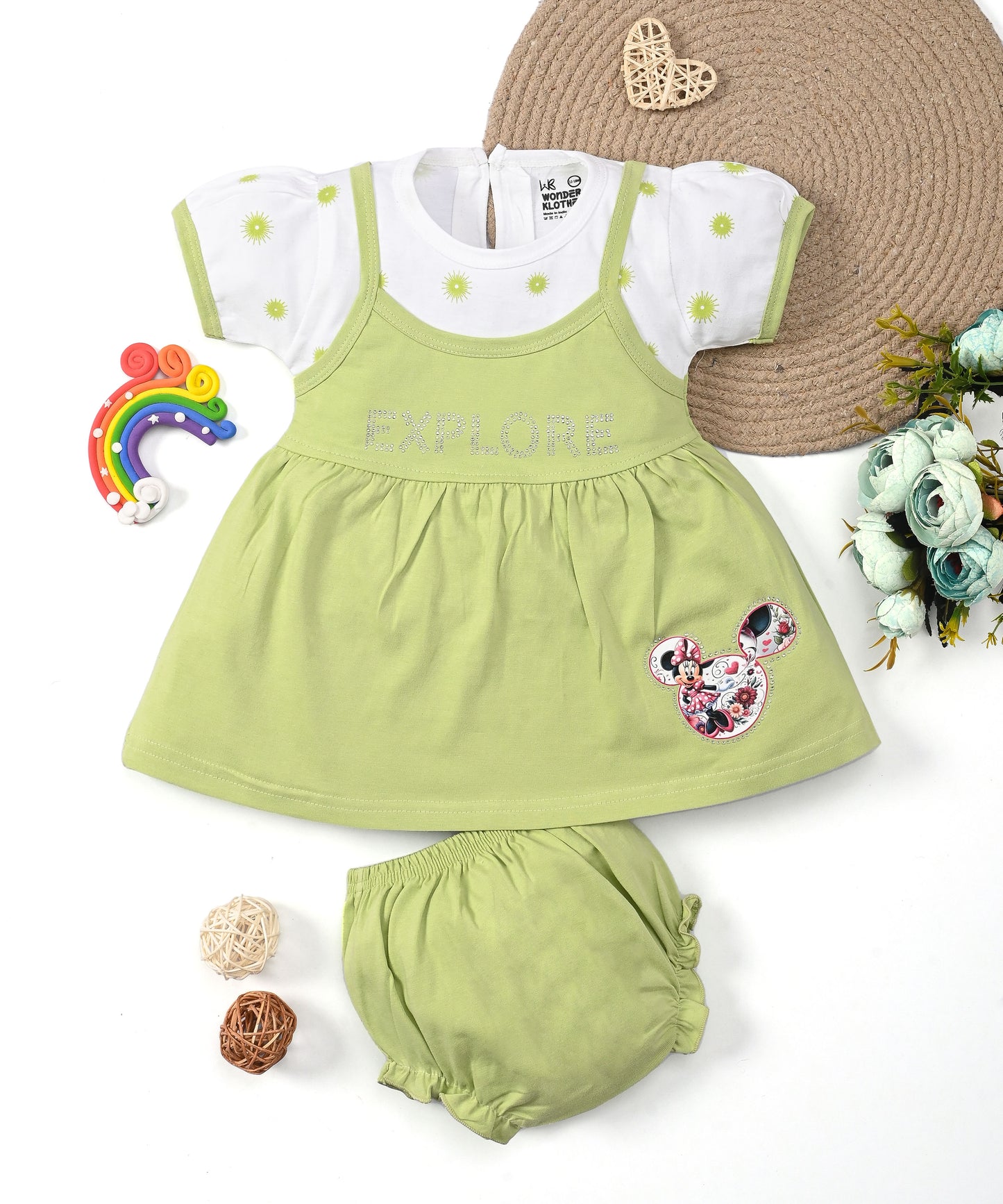 Explore Minnie Half Sleeves Frock & Bloomer Pant Set | Green